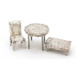 Victorian and later silver doll's house furniture including a chair by William Moreing London