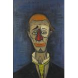 Manner of Bernard Buffet - Head and shoulders portrait of a clown, French Impressionist oil on