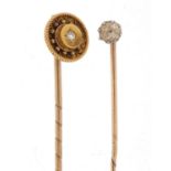 Two Victorian unmarked gold diamond solitaire tie pins, 3.3g :For Further Condition Reports Please