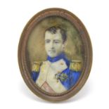19th century oval hand painted portrait miniature of Napoleon, housed in a brass frame, 6cm x 4.