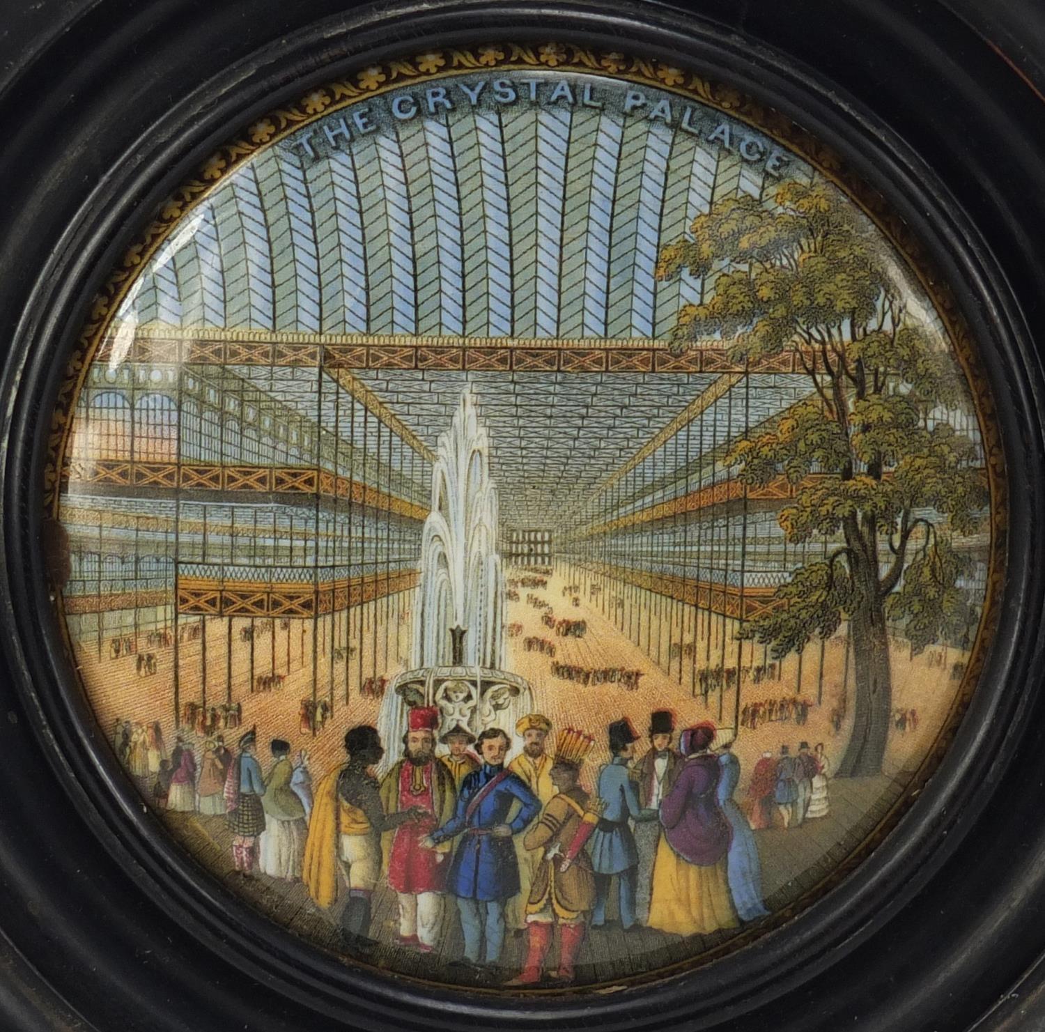 Three Victorian Prattware pot lids housed in ebonised frames comprising Crystal Palace, Interior - Image 2 of 6