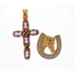 9ct gold diamond horse head pendant and a gilt metal amethyst cross, the largest 3.5cm in length,