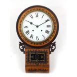 Victorian inlaid rosewood drop dial wall clock decorated with two greyhounds, the circular dial with