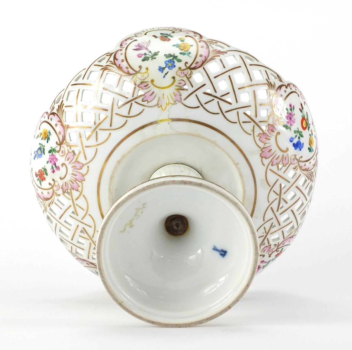 19th century Meissen porcelain tazza having a pierced rim, hand painted with stylised flowers, - Image 5 of 6