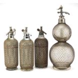 Four vintage metal bound soda syphons including a double gourd example by BA & Co of London, the