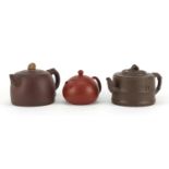 Three Chinese Yixing terracotta teapots including two naturalistic examples, each with character
