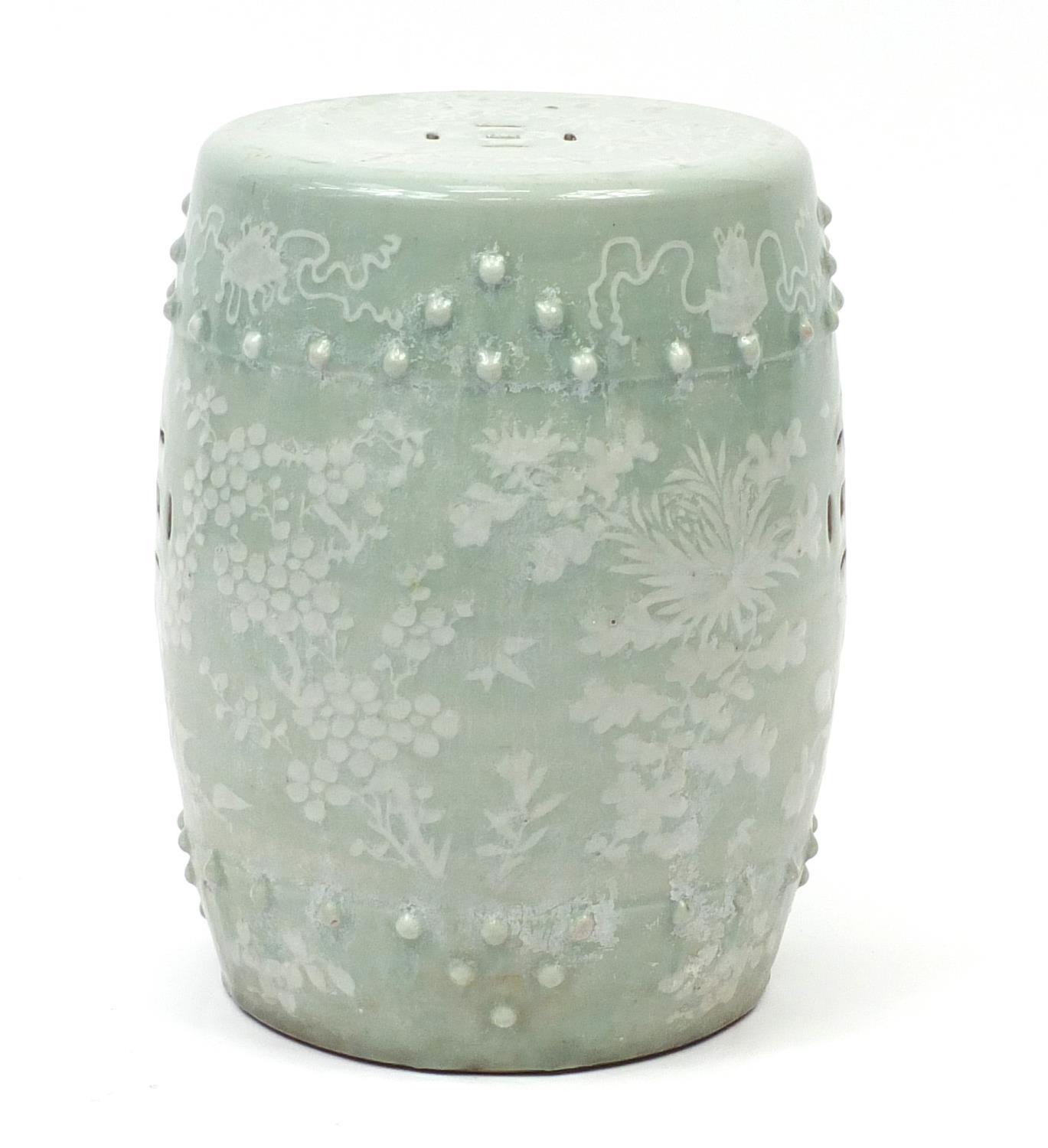 Chinese celadon glaze barrel shaped garden seat, hand painted with birds of paradise and butterflies