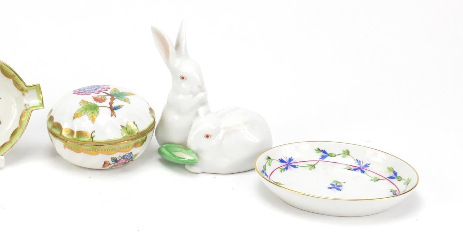 Herend of Hungary porcelain comprising a model of two rabbits, pot and cover and three dishes, the - Image 3 of 7