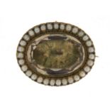 Victorian unmarked gold citrine and seed pearl pendant brooch (tests as 15ct), 3.2cm in length, 11.