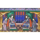 Chinese pith painting of an Emporer and Empress in an interior, mounted and framed, 30cm x 18cm :For