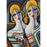 Manner of Scheiber - Portrait of two females, surreal gouache, framed, 38cm x 28cm :For Further