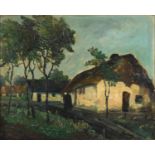 Manner of Markey Robinson - Figure entering a village, Irish school oil on board, framed, 47.5cm x