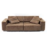 Contemporary tan suede sofa bed, 248cm wide :For Further Condition Reports Please visit Our Website,