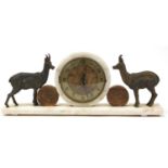 French Art Deco marble mantle clock mounted with two bronzed deer, 55cm wide :For Further