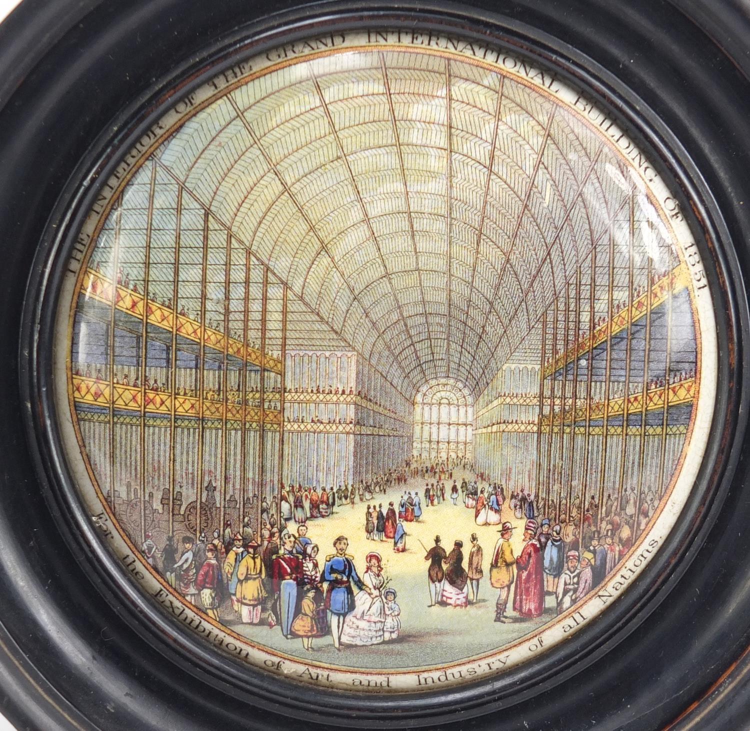 Three Victorian Prattware pot lids housed in ebonised frames comprising Crystal Palace, Interior - Image 4 of 6