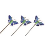 Three matching Art Nouveau silver and enamel butterfly hat pins by Charles Horner, Chester 1910, the