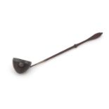 Georgian turned wood ladle with nutshell bowl and unmarked silver mounts, 37cm in length :For