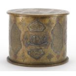 Cairoware cylindrical brass pot and cover with silver inlay, decorated with script and engraved with