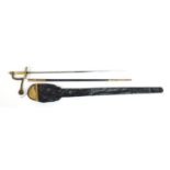 Military interest George V Diplomatic Court sword with scabbard, engraved steel blade and leather