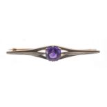 Art Deco unmarked gold amethyst bar brooch, housed in a Hicklenton & Siydal tooled leather box, 6.