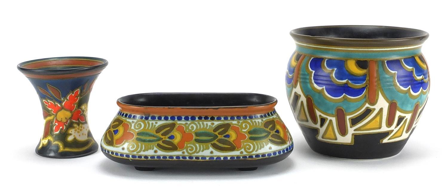 Dutch Art art pottery by Gouda comprising miniature jardinière, vase and four footed planter, each