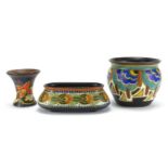 Dutch Art art pottery by Gouda comprising miniature jardinière, vase and four footed planter, each