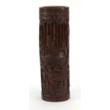 Large Chinese bamboo brush pot carved with figures, 34.5cm high :For Further Condition Reports