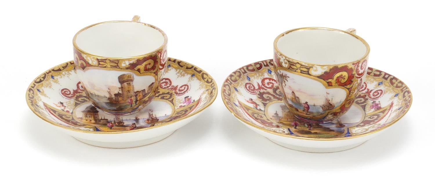 Pair of 19th century Meissen cabinet cups and saucers, each finely hand painted with panels of - Image 6 of 10