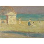 Abstract composition coastal scene, oil onto board, bearing an indistinct signature and stamp verso,