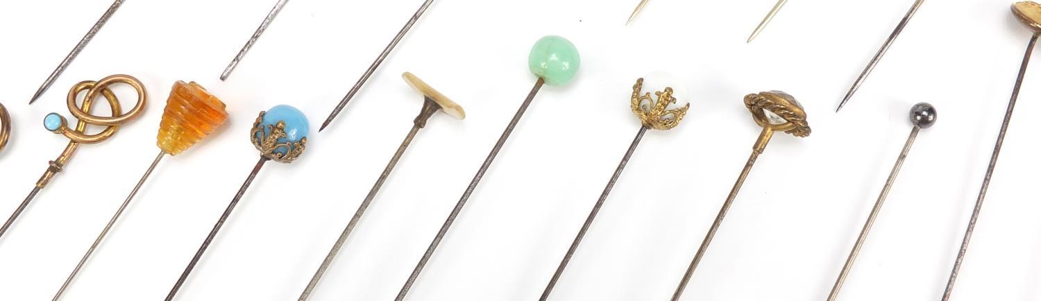 Collection of vintage hat pins including one unmarked gold, some enamelled, cameo and turquoise, the - Image 6 of 7