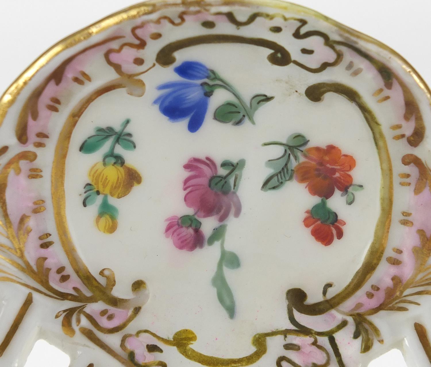 19th century Meissen porcelain tazza having a pierced rim, hand painted with stylised flowers, - Image 4 of 6