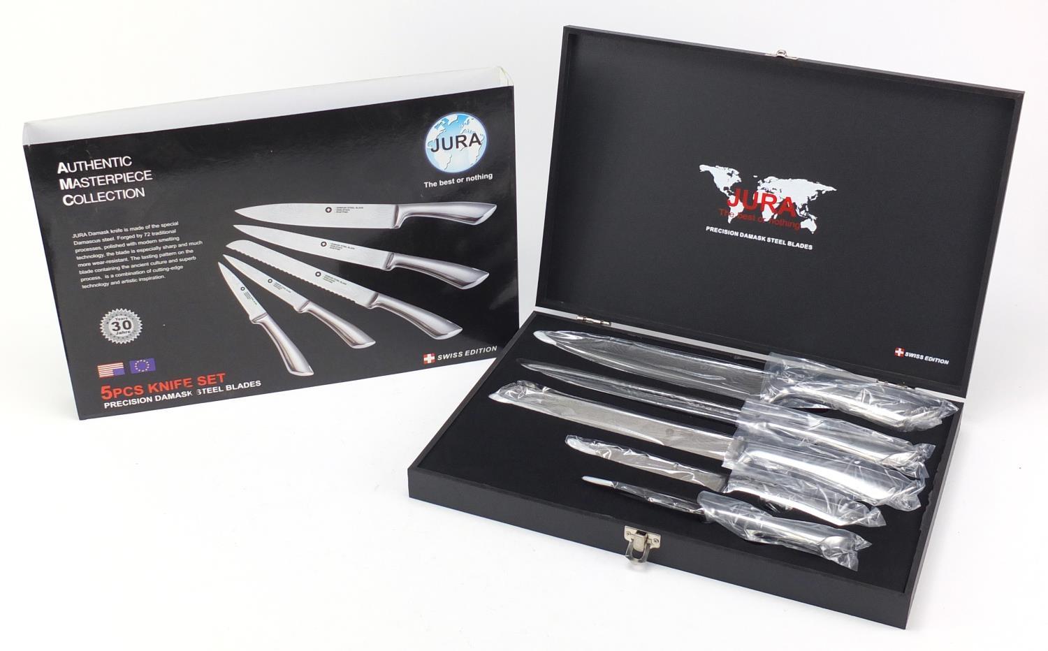 As new Swiss five piece knife set with Damask steel blades and fitted case :For Further Condition