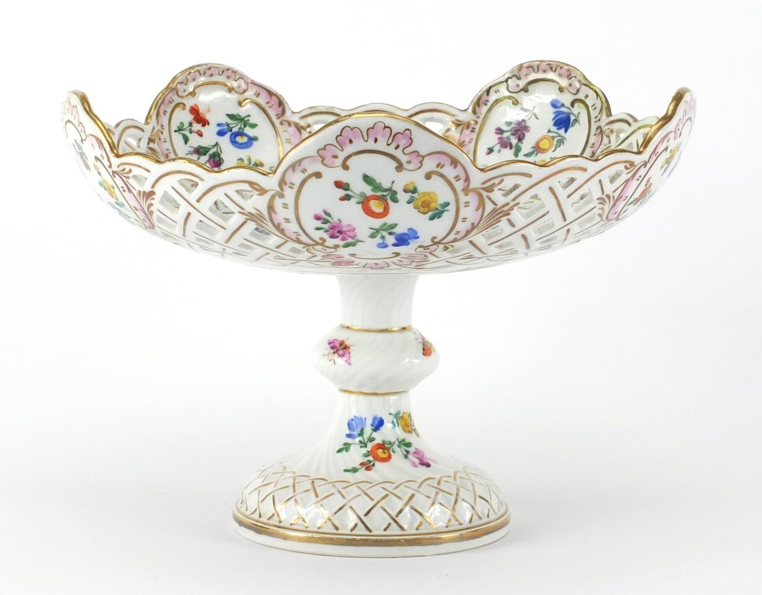 19th century Meissen porcelain tazza having a pierced rim, hand painted with stylised flowers, - Image 2 of 6