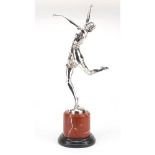 Large silver plated bronze sculpture of an Art Deco dancer, raised on a marble base, 61.5cm high :