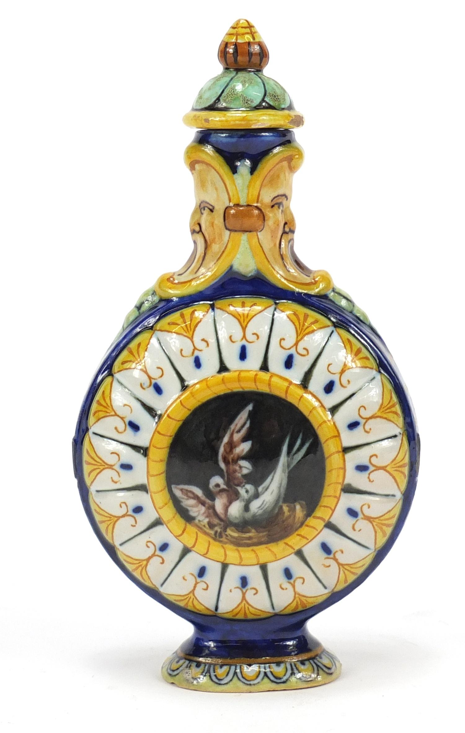 Italian Majolica lidded flask by Richard Ginori, hand painted with a portrait of a female and two - Image 2 of 4