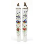 Pair of 19th century porcelain permont candles, hand painted with birds and flowers, each 19.5cm