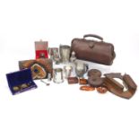 Miscellaneous items including a brown leather Doctor's bag, peacock and pheasant feather handbag,