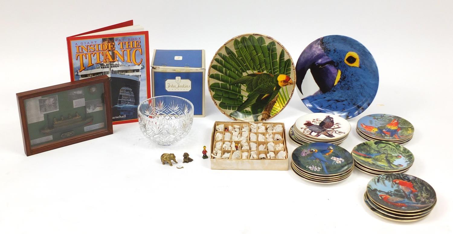 China and glassware including bird collectors plates, hand painted pottery chess set and a John