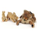 Two Steiff animals and a fox hand puppet, the largest 8cm in length : For Further Condition