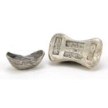 Two Chinese silver coloured ingots, the largest 6.5cm wide : For Further Condition Reports Please