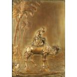 Coppered relief panel of an Egytian figure on camel back, framed, 38cm x 26cm : For Further