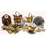 Metalwares including a copper coal scuttle, silver plated tea service, a pair of copper candlesticks