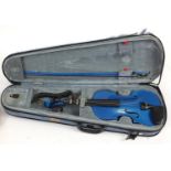 Blue child's size violin with Harlequin paper label and protective carry case : For Further