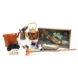 Miscellaneous items including a copper hunting horn, copper and brass teapot, pair of binoculars,