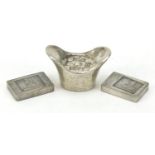 Three Chinese silver coloured metal ingots, the largest 5cm wide : For Further Condition Reports