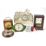 Clocks and barometers including one commemorating Windsor Castle and a green Bakelite example, the