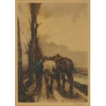 F Guiquin ? - Coloured aquatint- farm horses in a country lane, pencil numbered 334, Fine Art