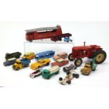 Mostly vintage die cast vehicles including a Massey Harris tractor, Dinky toys and Matchbox : For