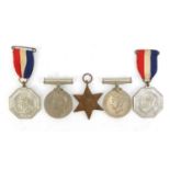 Three British military World War II medals and two 1935 silver jubilee medallions :For Further