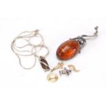 Silver and gold coloured metal jewellery including natural amber brooch :For Further Condition